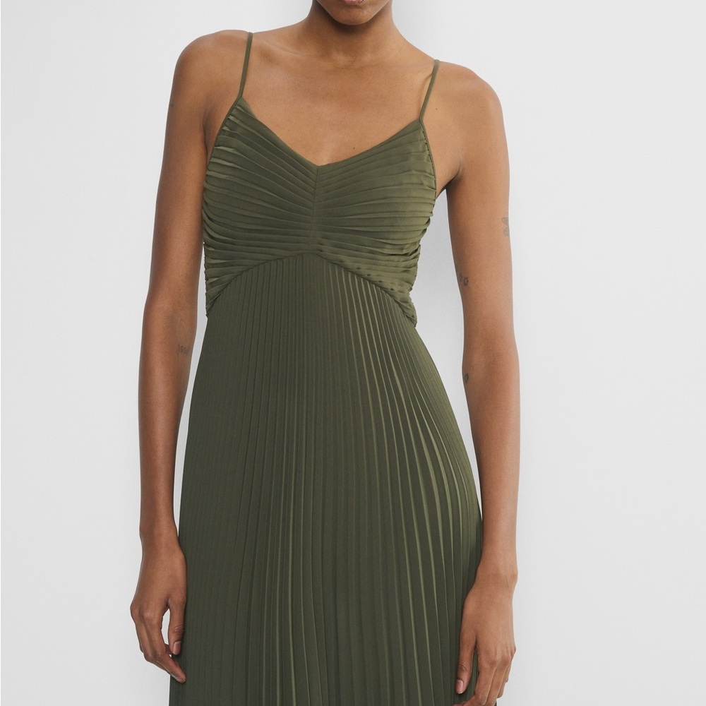 Babaton Olive Green Pleated Midi Dress